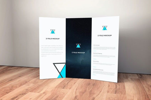 Standing Tri-fold Brochure Mockup on Wooden Floor