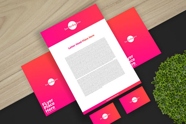 Stationery Branding Items on a Split Background Mockup Top View