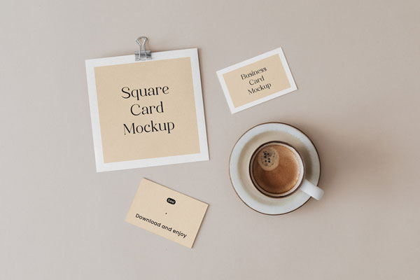 Stationery Card Mockup Featuring Business Card and Coffee