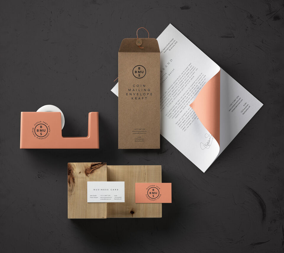 Stationery Mockup Featuring Envelope, Paper and Tape Dispenser
