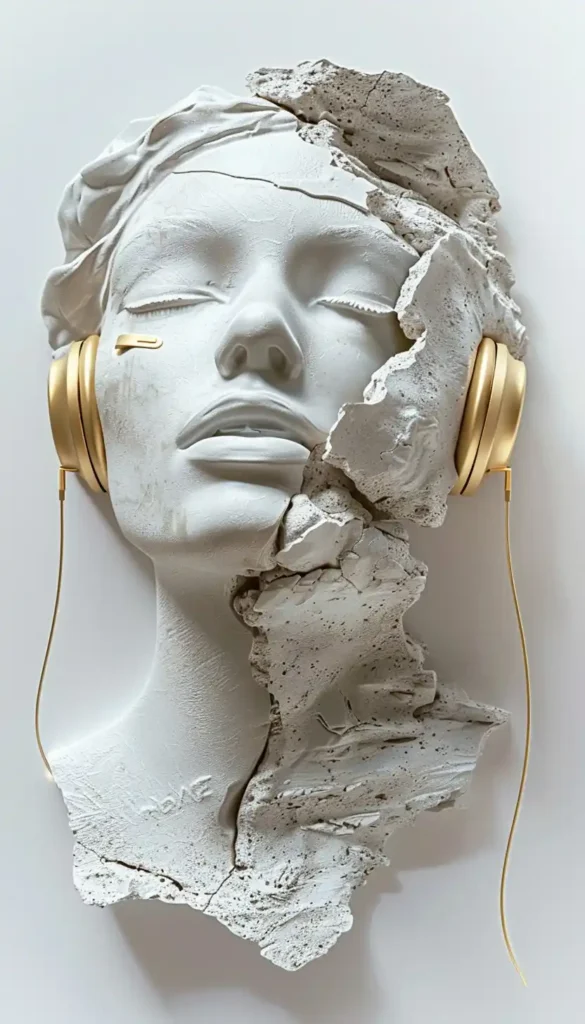 Stone Woman with Gold Headphones