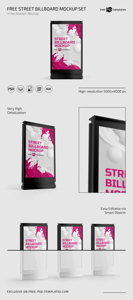 Street Billboard Mockup in 3 Shots