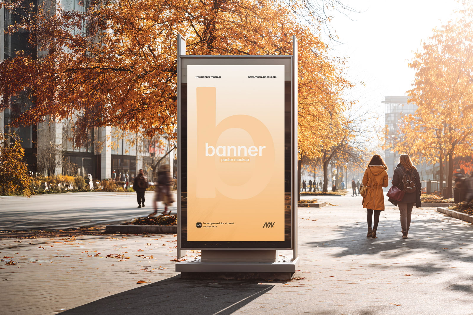 Free Street Billboard Mockup in Autumn City Park PSD Template