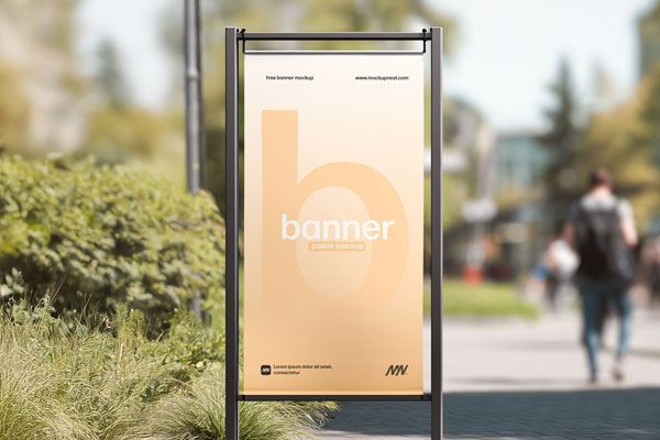Street Hanging Banner Mockup on Modern Outdoor Walkway