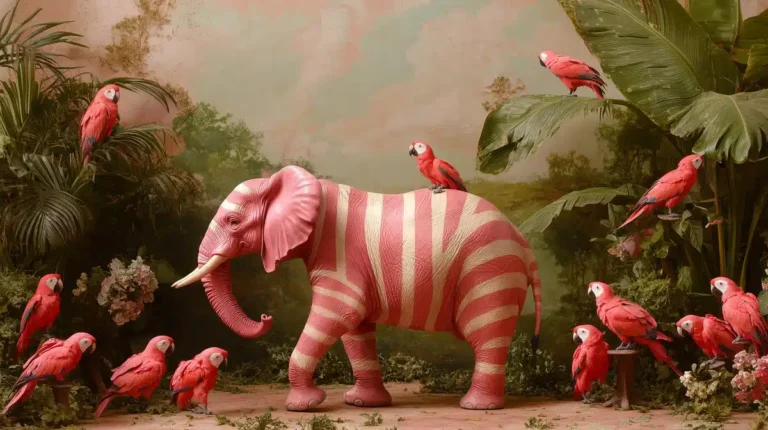 Striped Elephant with Parrots