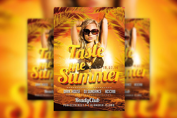 Summer Event Flyer on Sunset Background with Palm Leaves