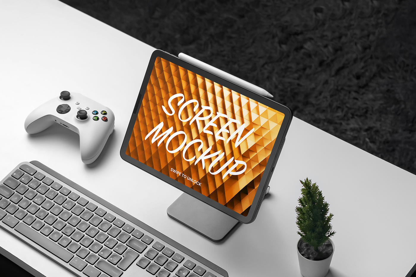 Free Tablet with Accessories Mockup PSD Template
