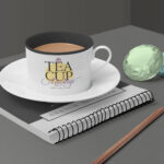Tea Cup Mockup Featuring Ringed Notebook, Gemstones and a Pencil