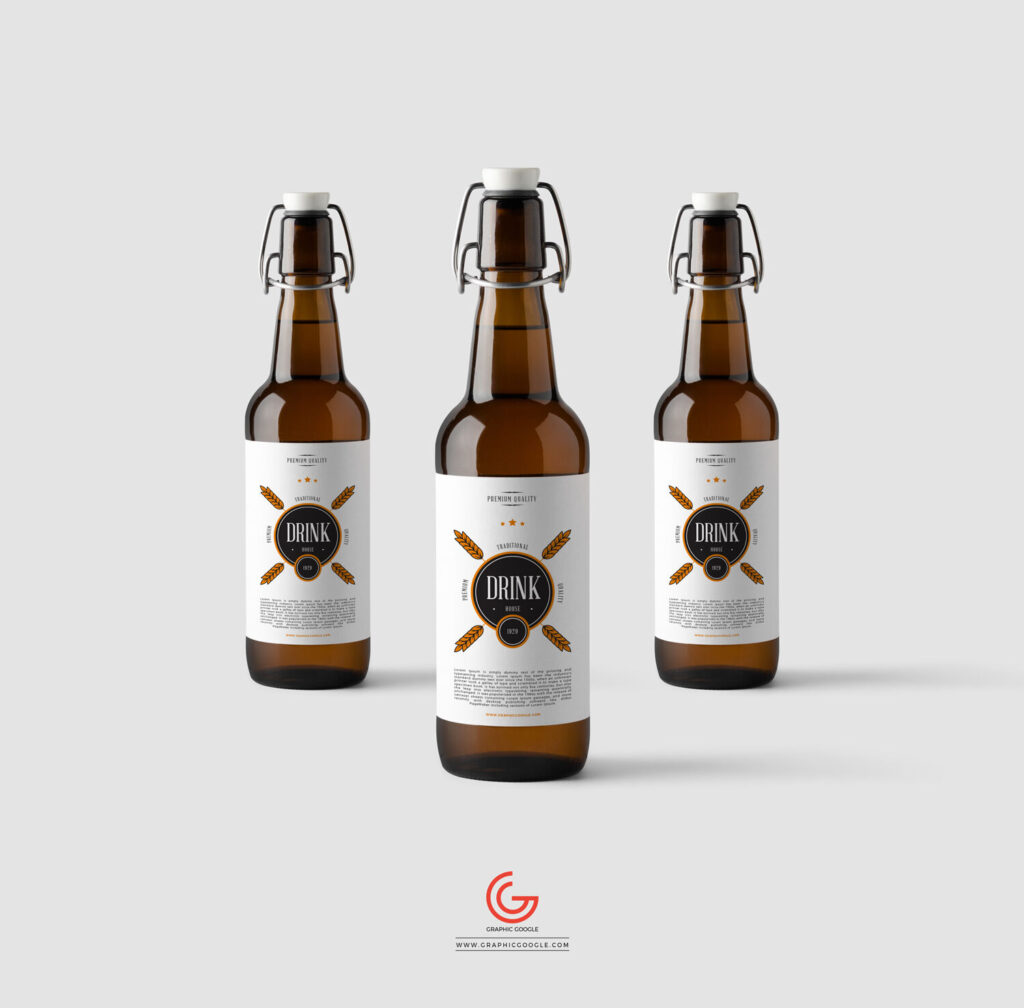 Three Amber Glass Beverage Bottles Mockup