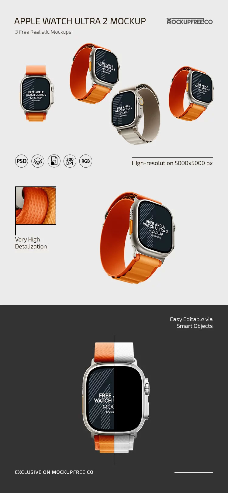 Free Three Apple Watch Ultra Mockups PSD Template