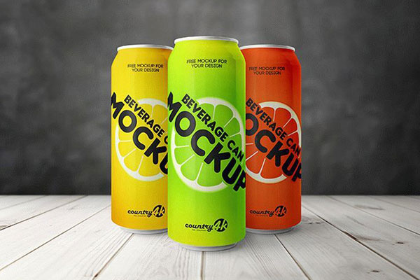 Three Beverage Cans on a Table Mockup
