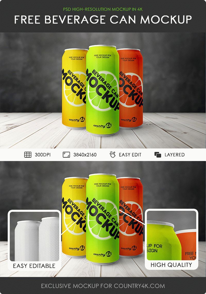 Three Beverage Cans on a Table Mockup FREE PSD