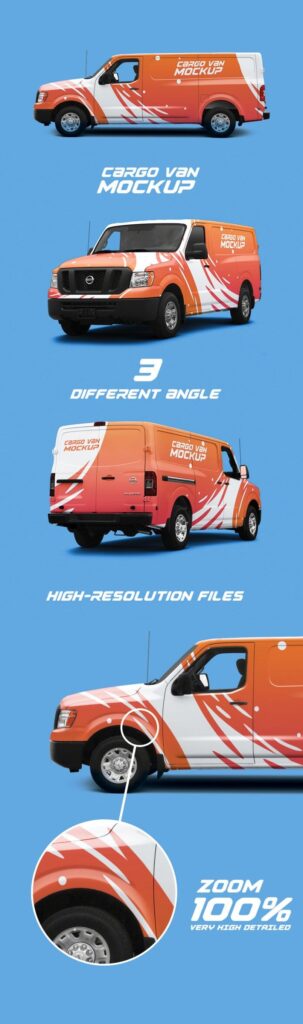 Three Cargo Van Mockups Featuring Back, Front and Side Views