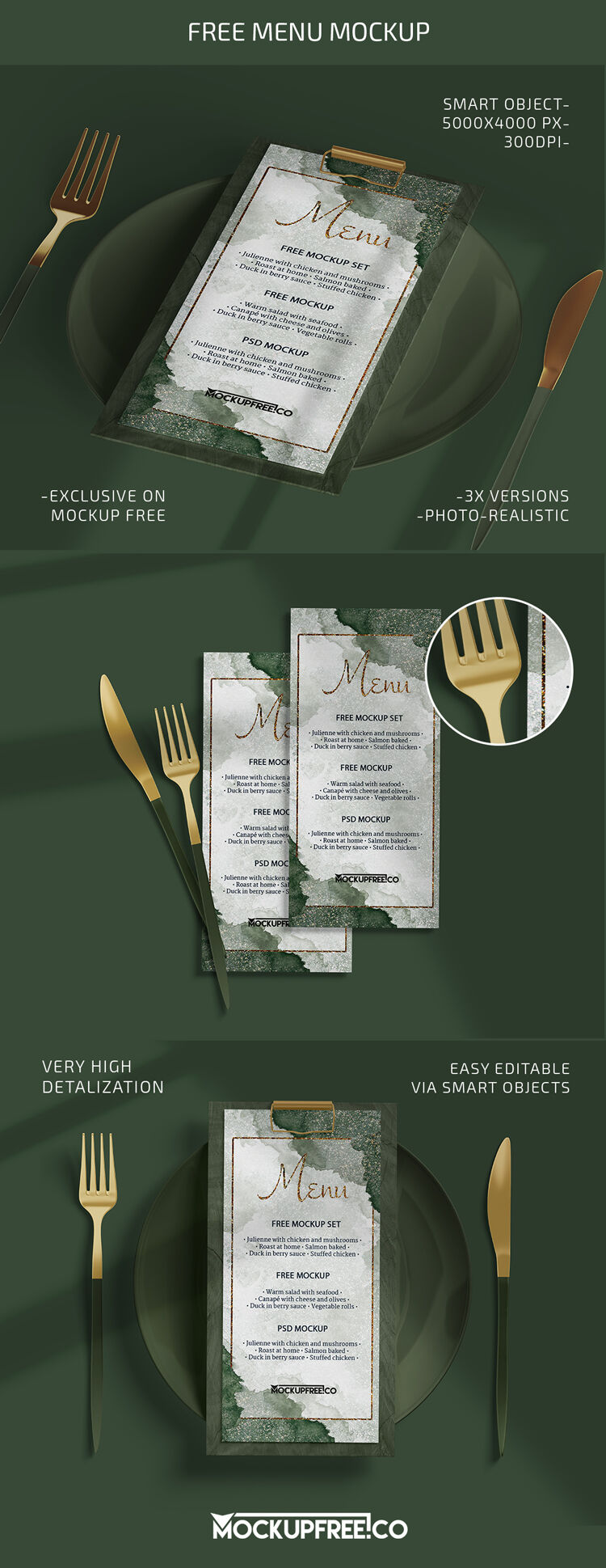 Three Elegant Menu on a Plate Mockups FREE PSD