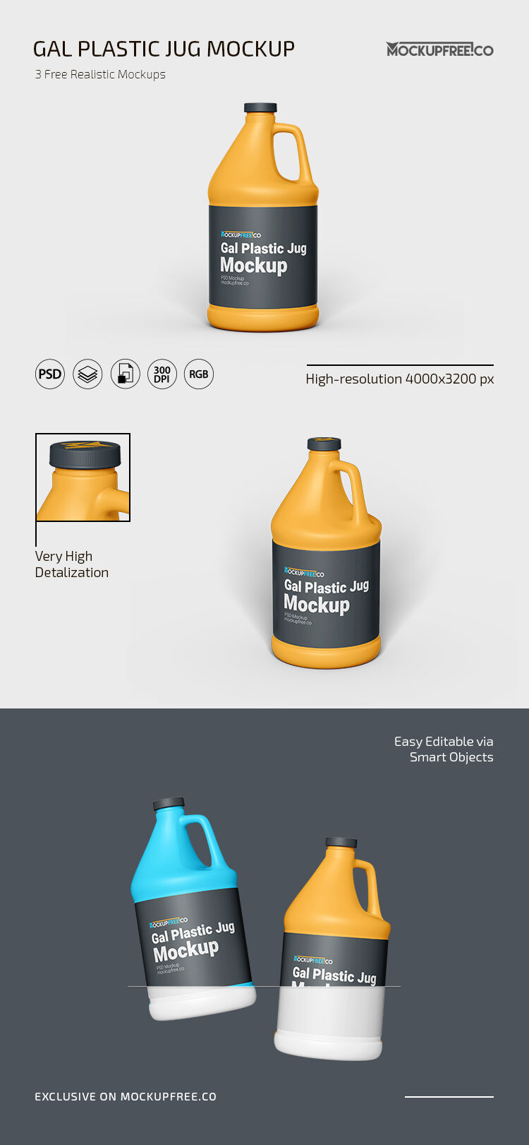 Three Gal Plastic Jug Mockups with Different Setups FREE PSD