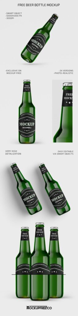 Three Green Beer Bottle with Neck Label Mockups