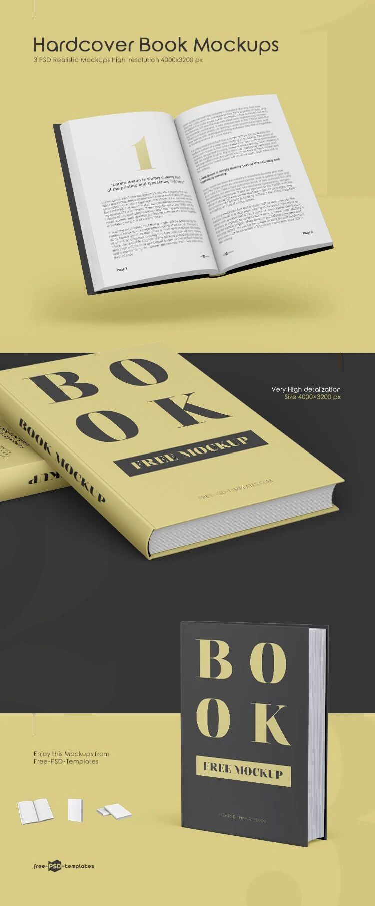 Three Hardcover Book Mockups from Different Angles Mockups FREE PSD