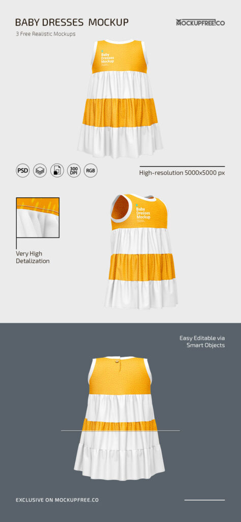 Three Isolated Baby Dresses from Every Angle Mockup