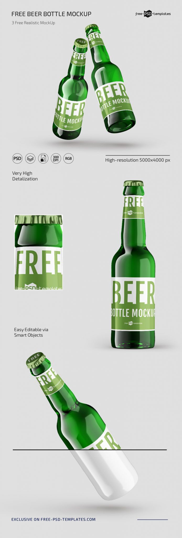 Three Isolated Beer Bottle with Caps on Mockups FREE PSD