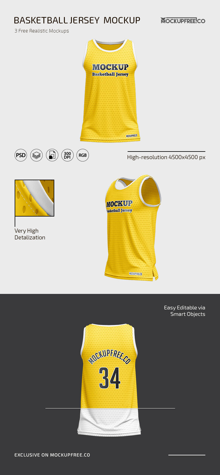 Three Isolated Life-Like Basketball Jersey Mockups FREE PSD