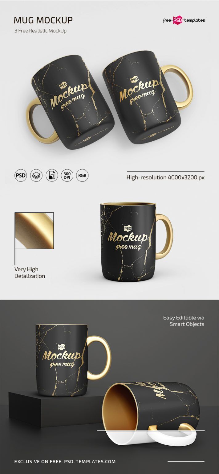Three Large Mug Mockups in Different Positions FREE PSD