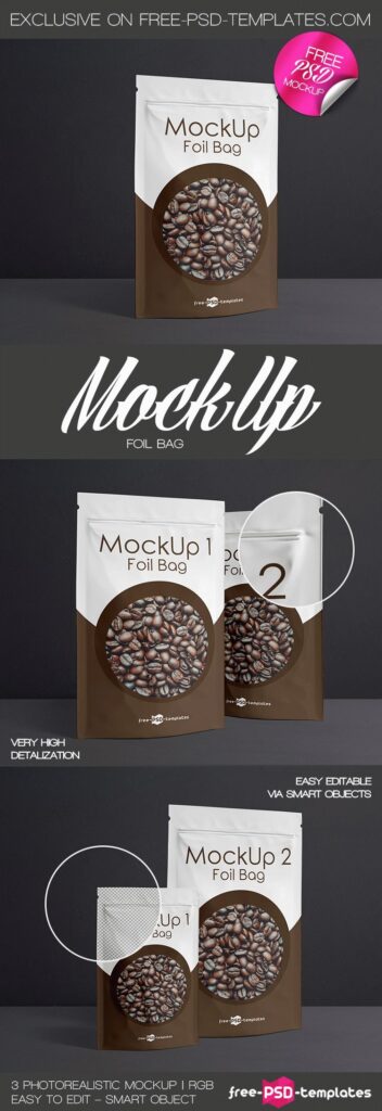 Three Mockups Featuring Foil Coffee Pouch