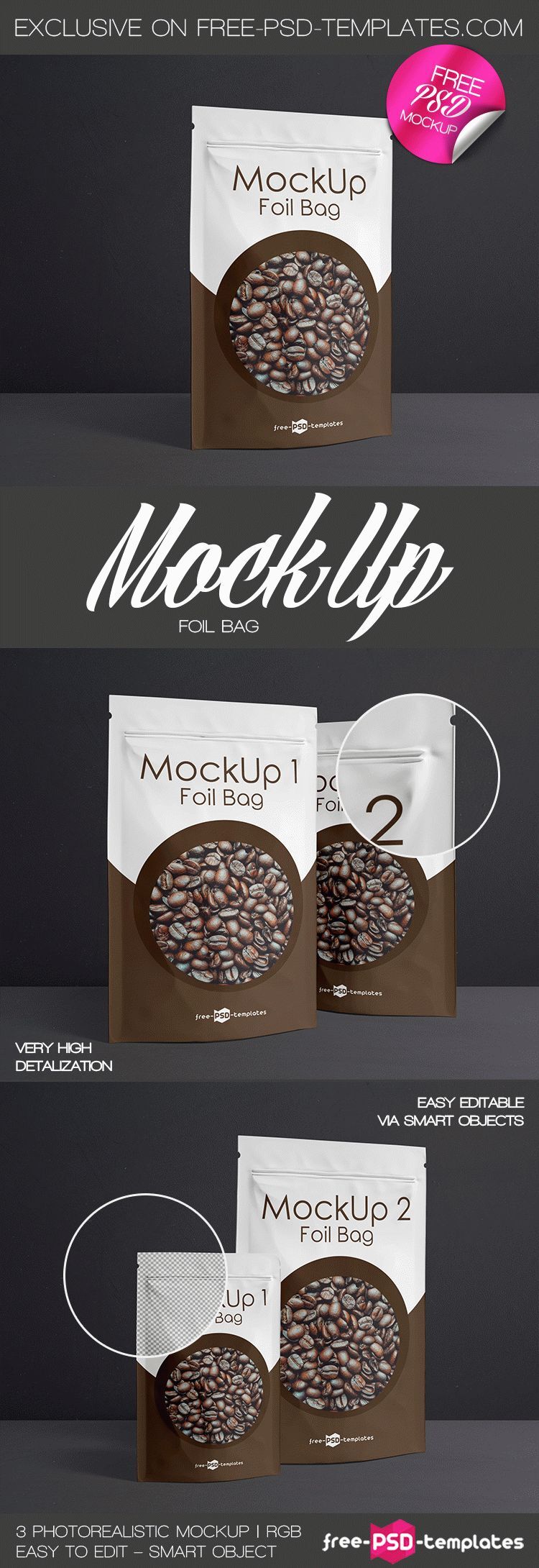 Three Mockups Featuring Foil Coffee Pouch FREE PSD