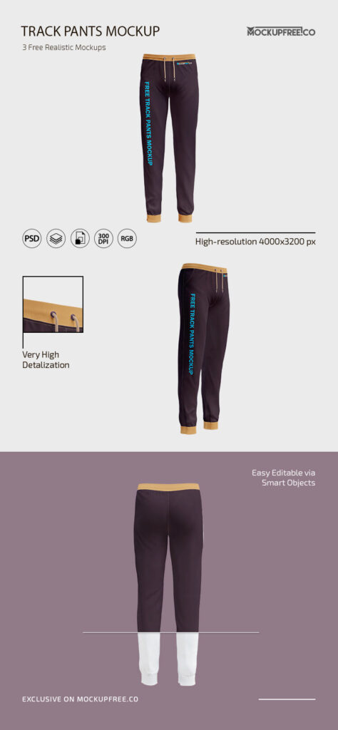Three Mockups Featuring Front, Back and Side Views of Track Pants