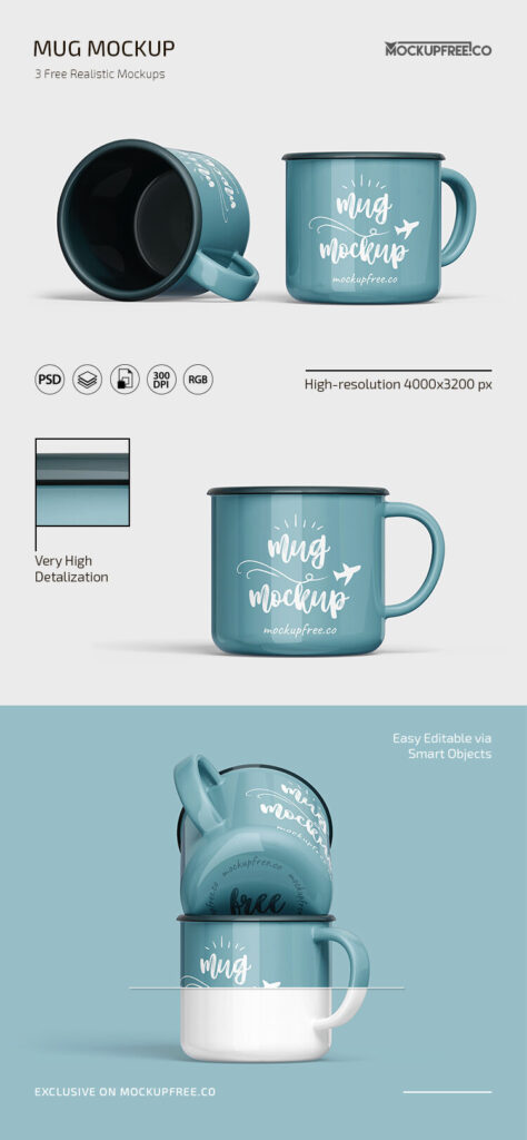 Three Mockups Featuring Front View of Mugs in Various Positions