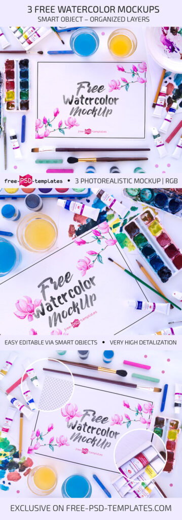 Three Mockups Featuring Watercolor Painting Set