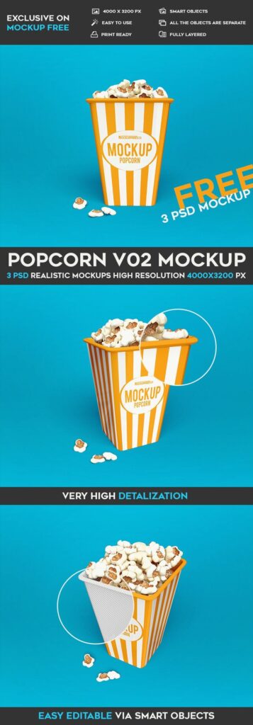 Three Mockups of a Popcorn Bucket from Different Angles