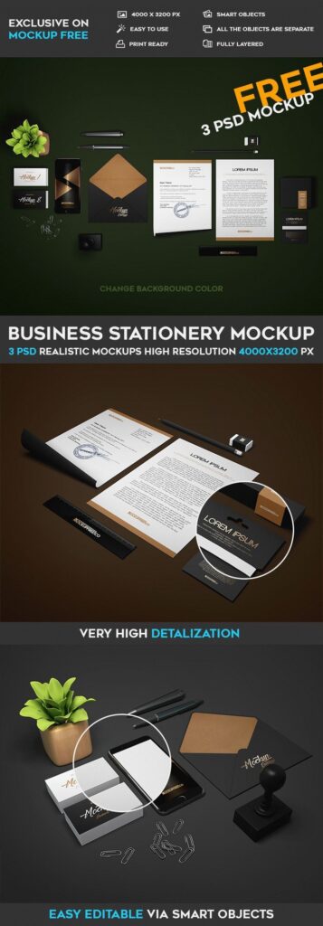 Three Mockups Showcasing Different Stationery Scenes