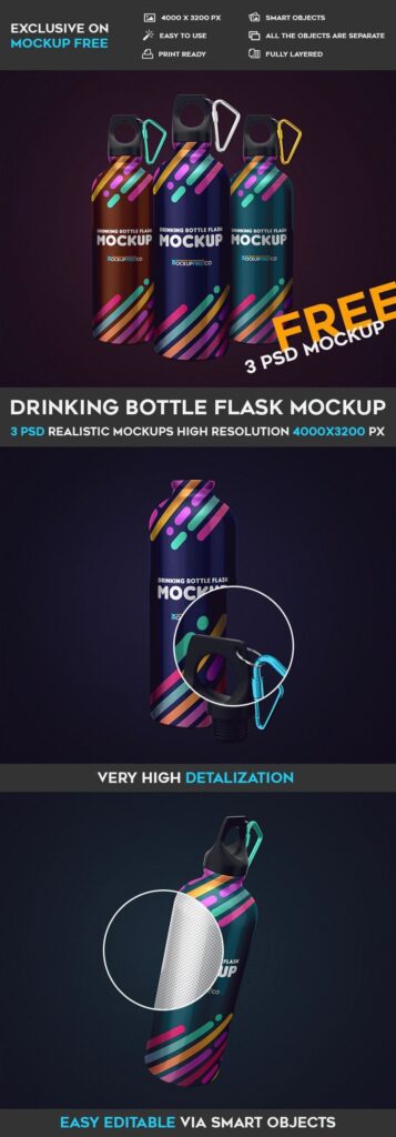 Three Mockups Showing Front View of Drinking Flask Bottles with Caps