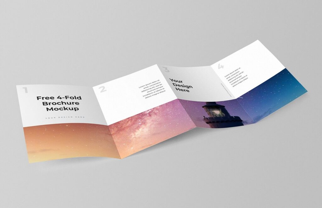 Three Mockups Showing Opened, Portrait and Landscape Four-fold A6 Leaflet
