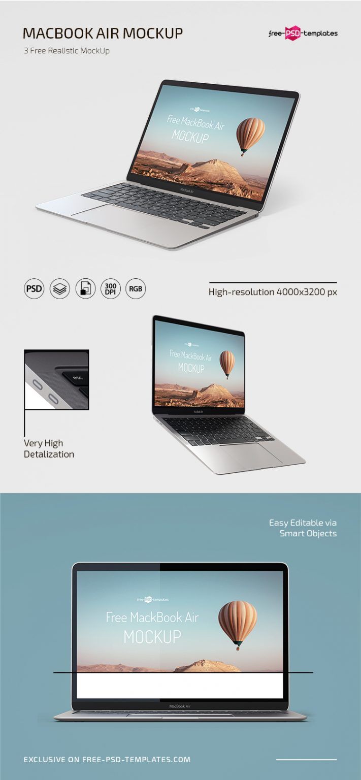 Three Multiple Angles MacBook Air Mockups FREE PSD