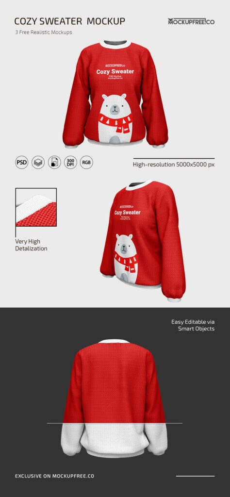 Three Puffy Sweater Mockups from Different Sides