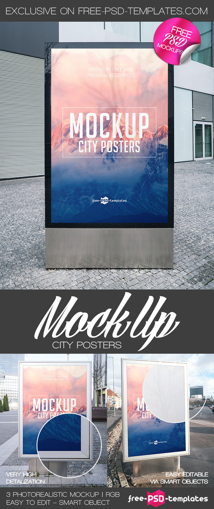 Three Standing Single Rectangle City Poster Mockups FREE PSD