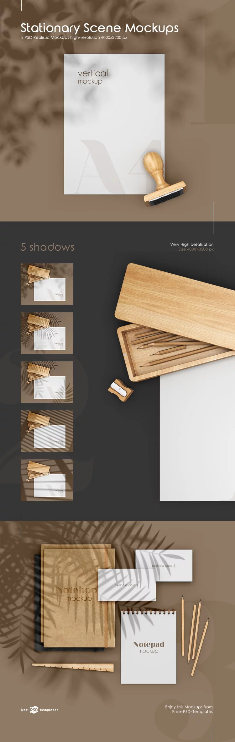 Three Stationary Scene with Wooden Items Mock Ups FREE PSD
