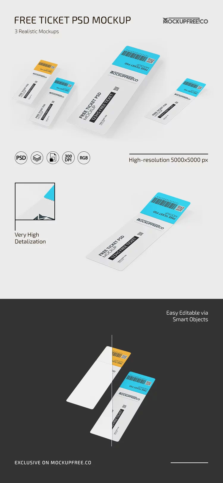 Free Three Ticket Mockups PSD Template