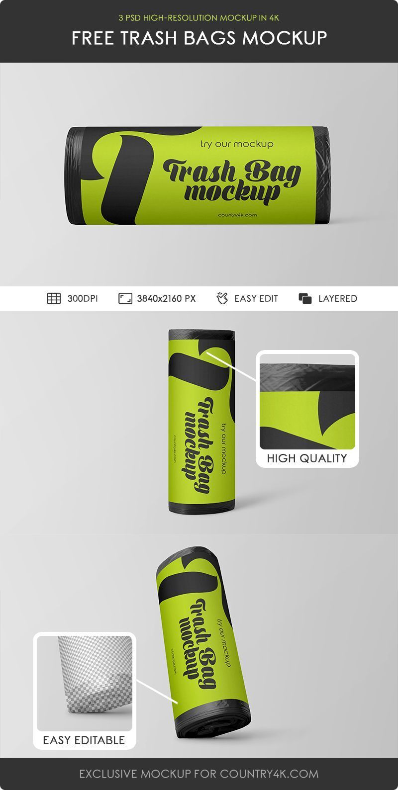 Three Trash Bag Roll Packing Mockups FREE PSD