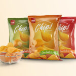 Three Vertical Chips Bags Packaging with a Bowl Mockup