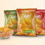 Three Vertical Chips Bags Packaging with a Bowl Mockup