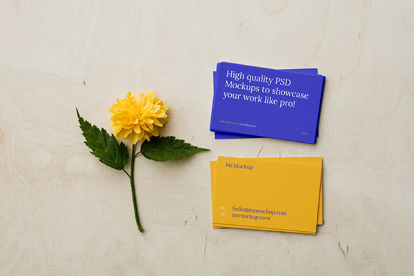Top Scene of Business Cards Mockup on Plywood