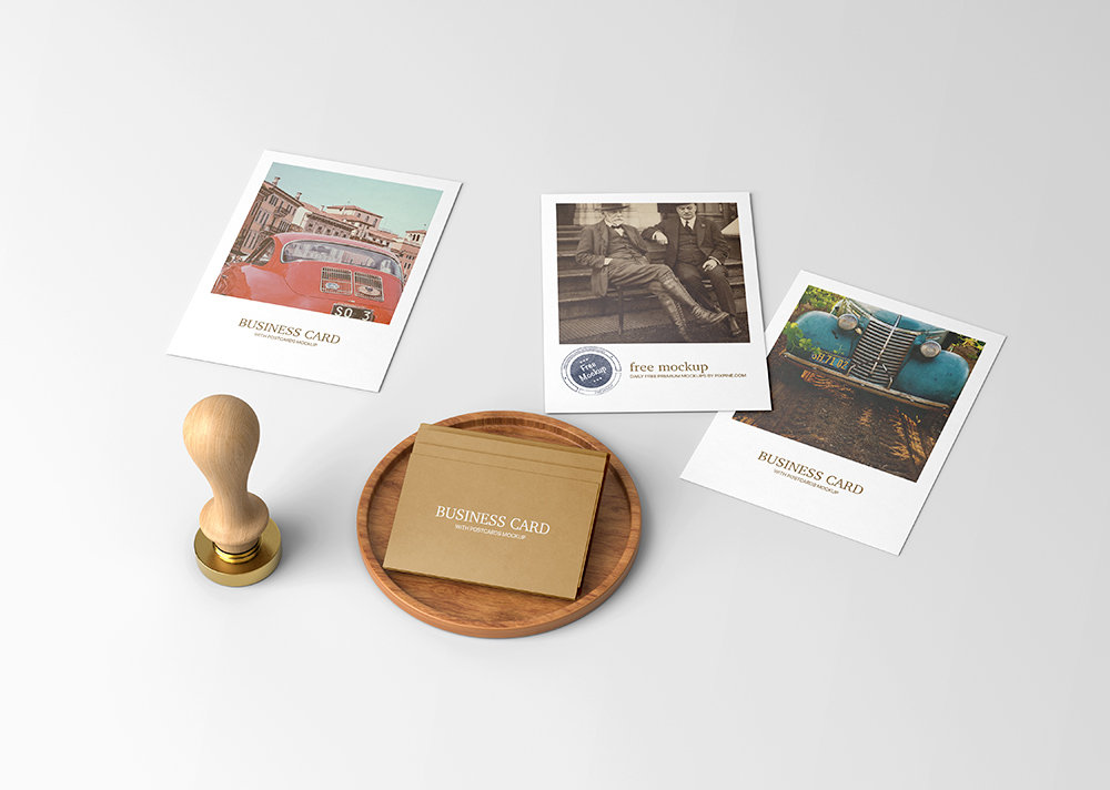 Top Shot of Business Card Mockup with Postcards