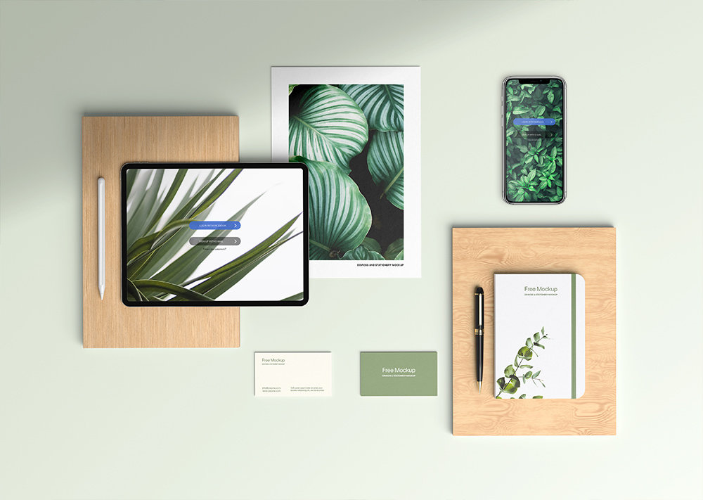 Top Shot of Stationery Mockup with Devices