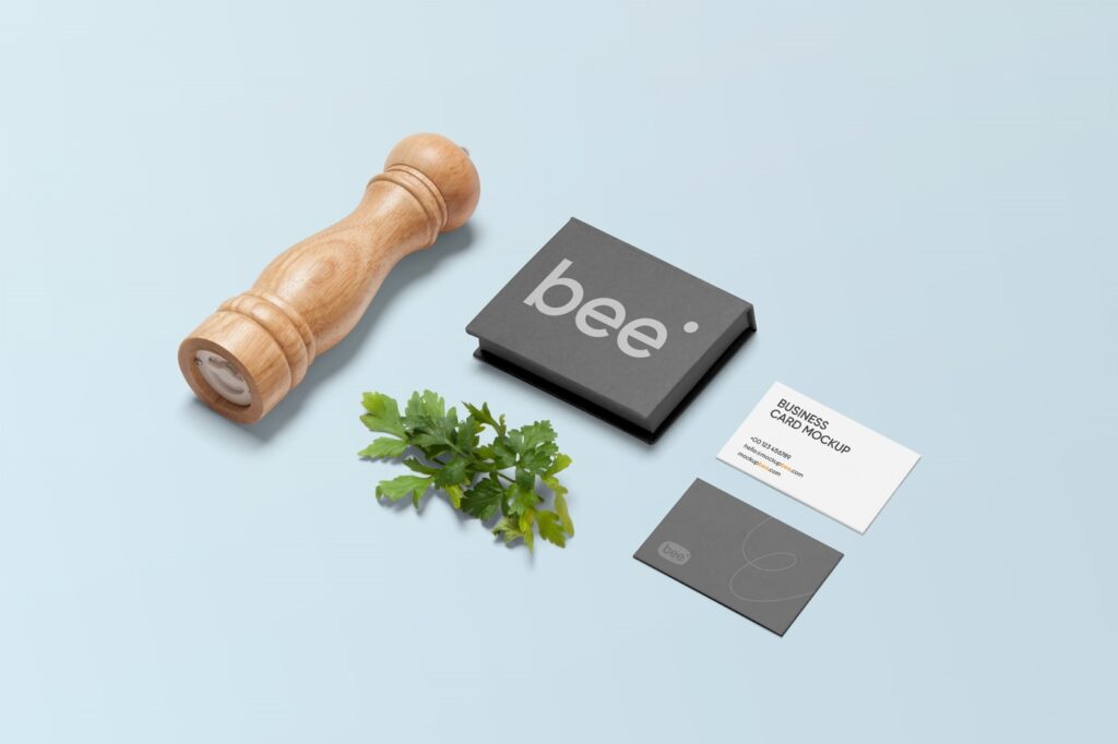 Top Side View of Business Cards Mockup with Box