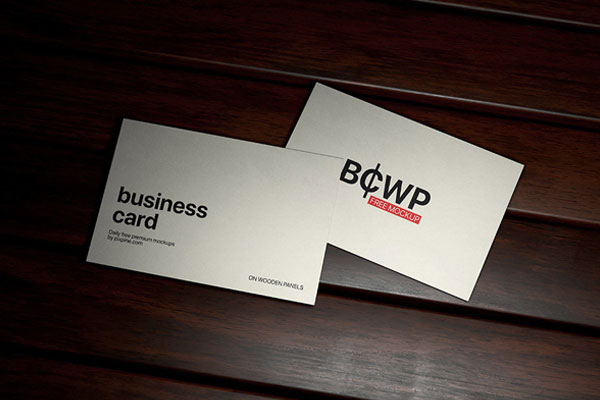 Top Sight of 2 business Cards Mockup on Wood Panels