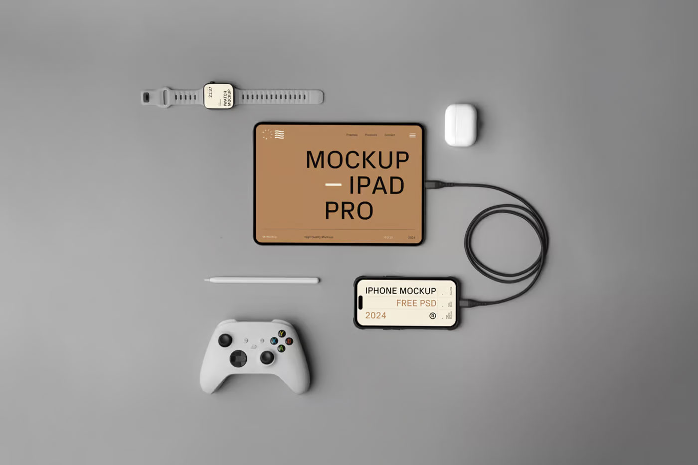 Free Top Sight of Apple Devices Mockup PSD Template