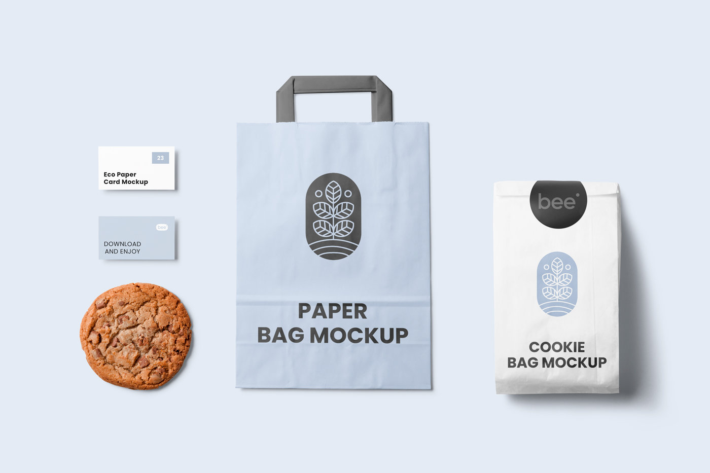 Top Sight of Business Cards and Stationery Mockup with Cookie FREE PSD