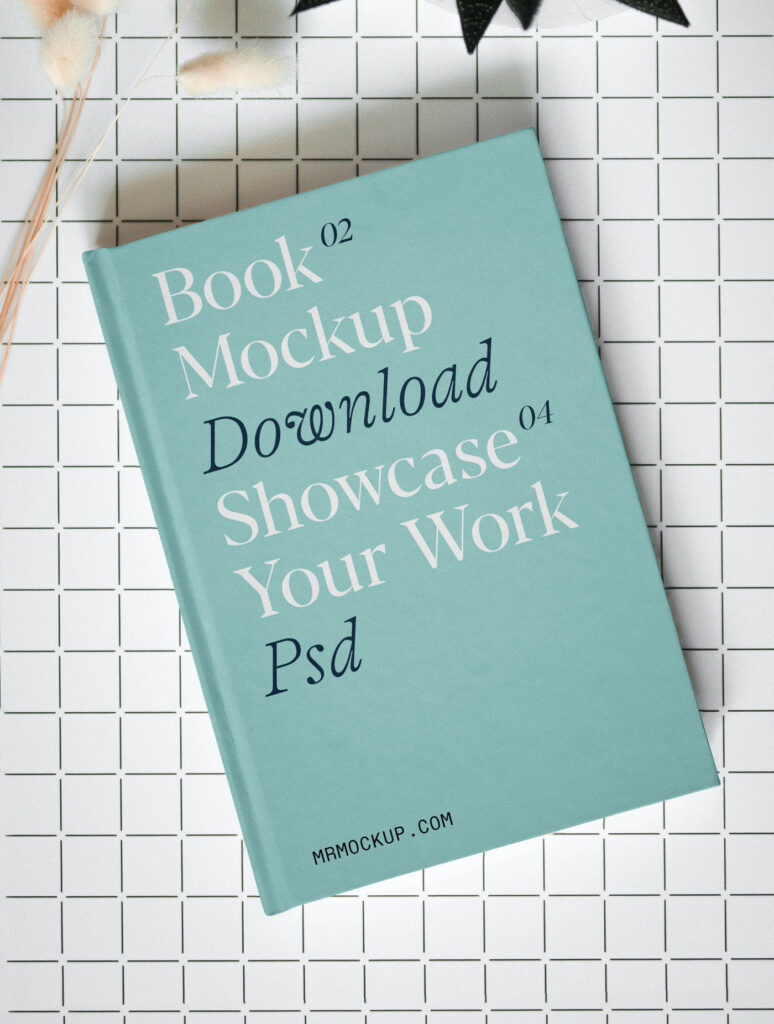 Top Sight of Hardcover Book Mockup with Plants